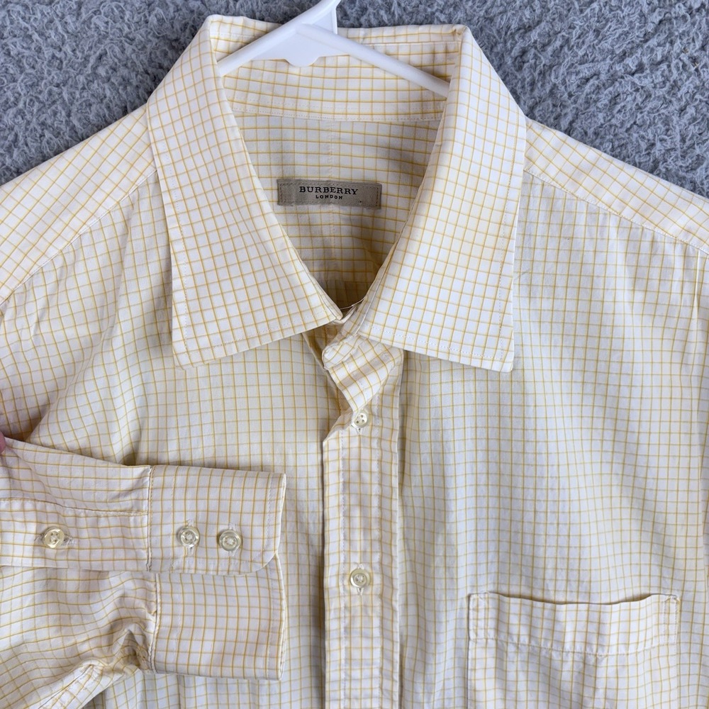 Burberry London Shirt Mens 17.5R White Yellow Check Button Casual Cotton USA